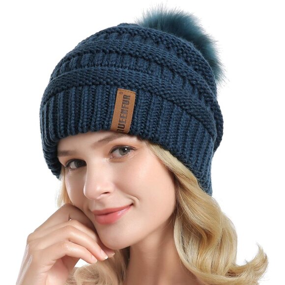 Women Dark Teal Soft Acrylic Thick Baggy Knit Winter Faux Fur Pompom Beanie - Picture 2 of 6